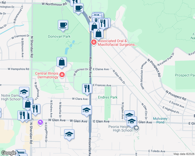 map of restaurants, bars, coffee shops, grocery stores, and more near 122 East Cherry Ridge Road in Peoria
