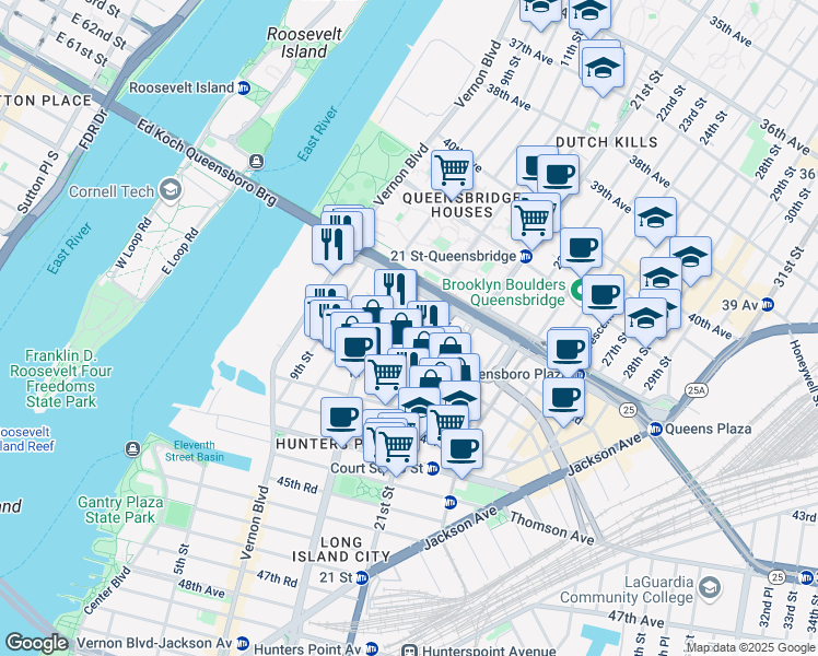 map of restaurants, bars, coffee shops, grocery stores, and more near 42-26 12th Street in Queens