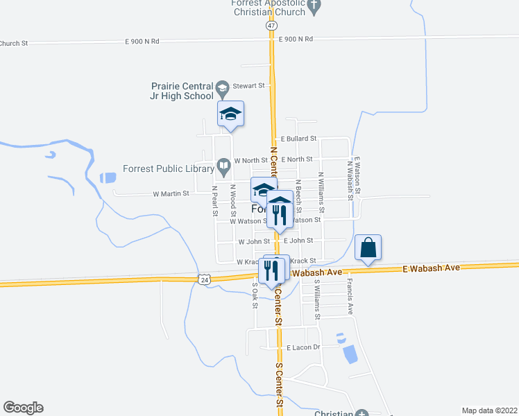 map of restaurants, bars, coffee shops, grocery stores, and more near 312 North Center Street in Forrest