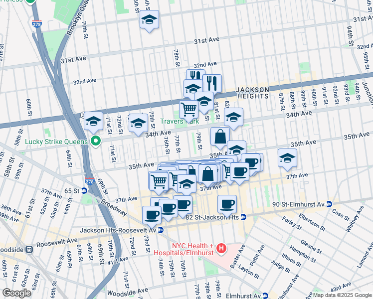map of restaurants, bars, coffee shops, grocery stores, and more near 34-40 78th Street in Queens