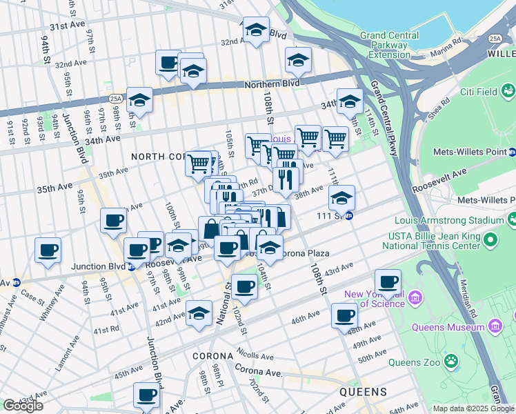 map of restaurants, bars, coffee shops, grocery stores, and more near 104-31 38th Avenue in Queens