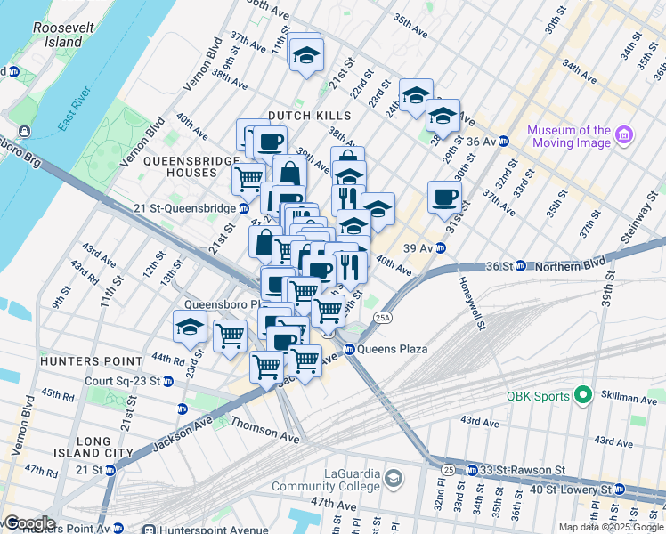 map of restaurants, bars, coffee shops, grocery stores, and more near 2705 41st Avenue in Queens