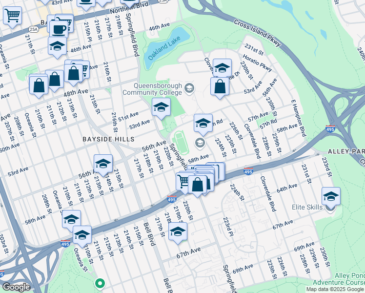 map of restaurants, bars, coffee shops, grocery stores, and more near 57-00 223rd Street in Queens