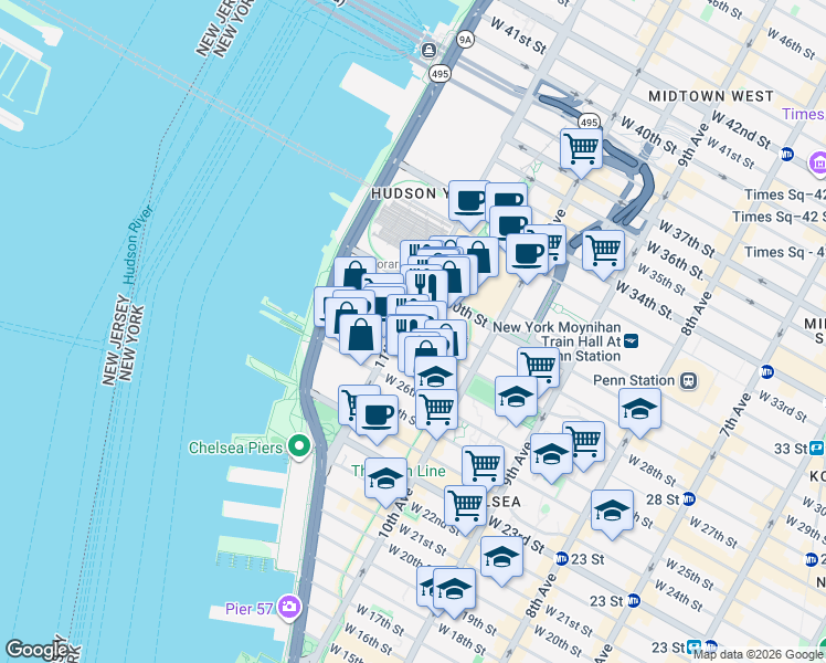 map of restaurants, bars, coffee shops, grocery stores, and more near 282 11th Avenue in New York