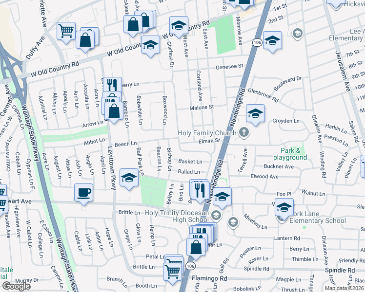 map of restaurants, bars, coffee shops, grocery stores, and more near 51 Elmira Street in Hicksville