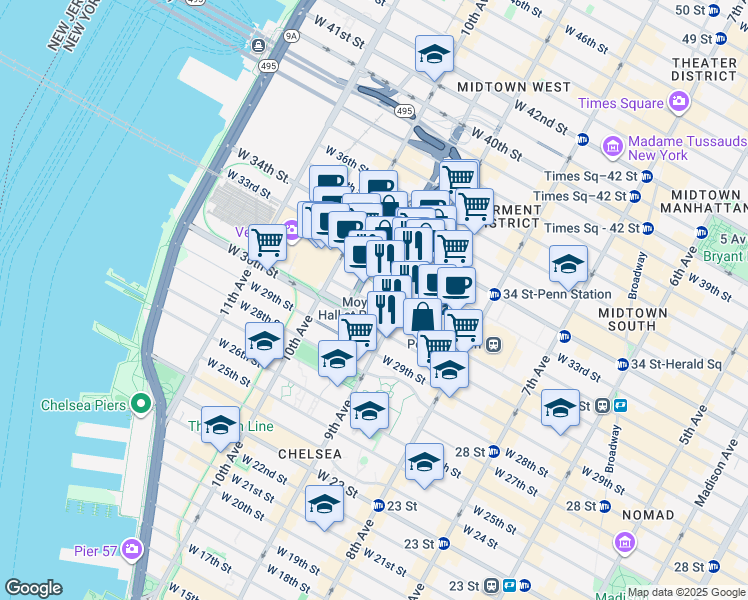 map of restaurants, bars, coffee shops, grocery stores, and more near 435 West 31st Street in New York