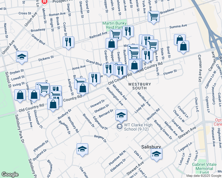 map of restaurants, bars, coffee shops, grocery stores, and more near 1110 Washington Avenue in Westbury
