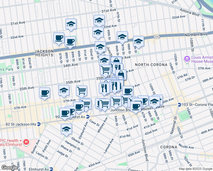 map of restaurants, bars, coffee shops, grocery stores, and more near 35-30 94th Street in Queens