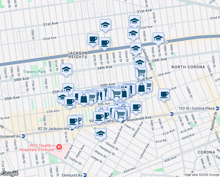 map of restaurants, bars, coffee shops, grocery stores, and more near 35-15 89th Street in Queens