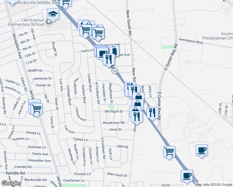 map of restaurants, bars, coffee shops, grocery stores, and more near 3 Greenbriar Lane in Hicksville