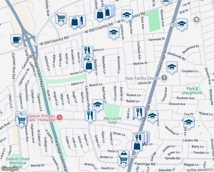 map of restaurants, bars, coffee shops, grocery stores, and more near 40 Beech Lane in Hicksville
