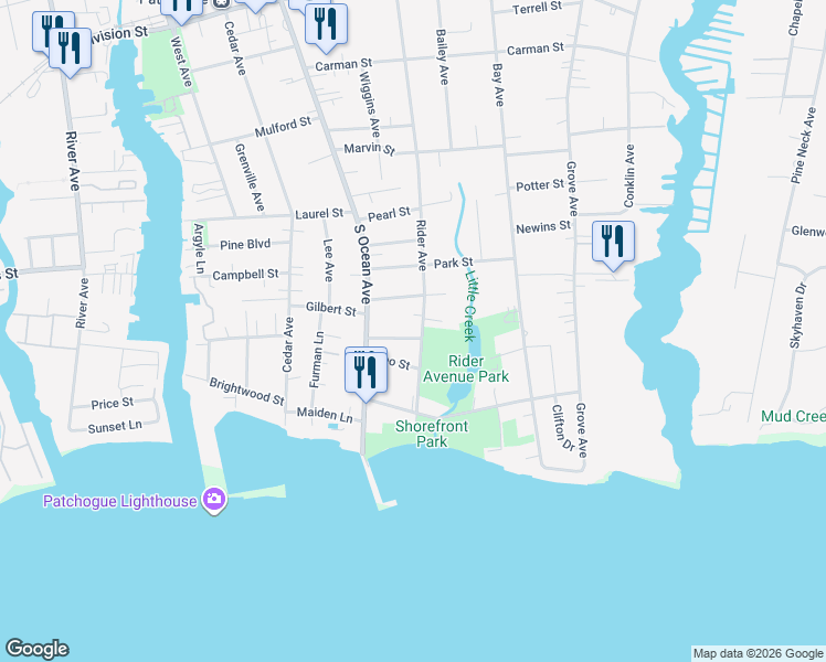 map of restaurants, bars, coffee shops, grocery stores, and more near 366 Rider Avenue in Patchogue