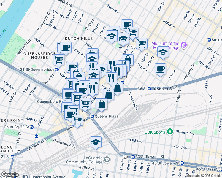 map of restaurants, bars, coffee shops, grocery stores, and more near 30-03 40th Avenue in Queens