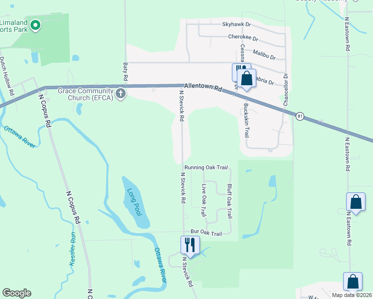 map of restaurants, bars, coffee shops, grocery stores, and more near 1086 North Stevick Road in Elida