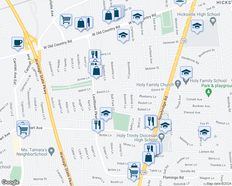 map of restaurants, bars, coffee shops, grocery stores, and more near 40 Beech Lane in Hicksville