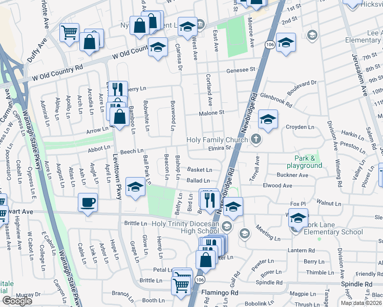 map of restaurants, bars, coffee shops, grocery stores, and more near 51 Elmira Street in Hicksville