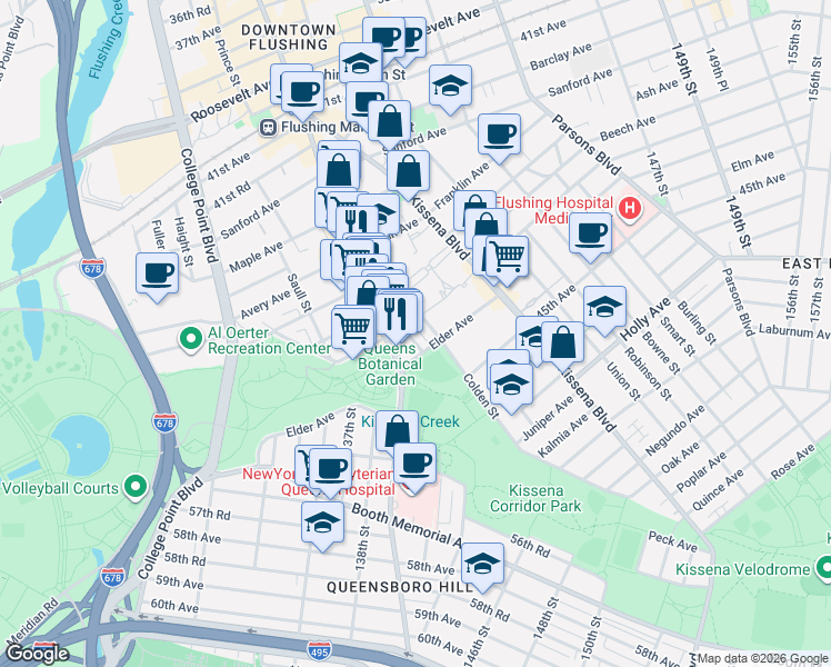 map of restaurants, bars, coffee shops, grocery stores, and more near 4317 Main Street in Queens