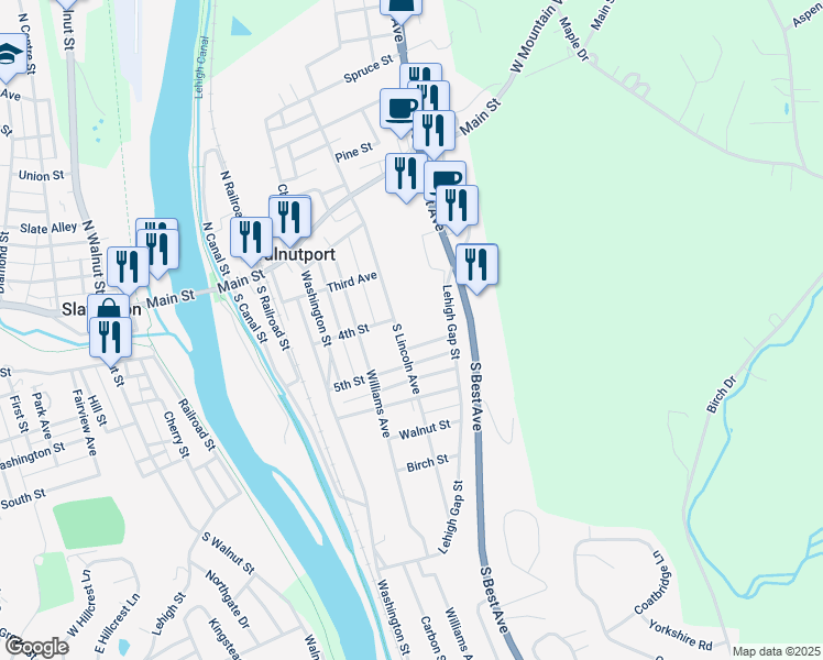 map of restaurants, bars, coffee shops, grocery stores, and more near 417 South Lincoln Avenue in Walnutport