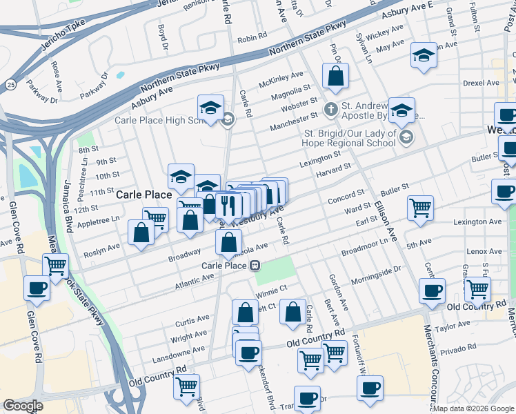 map of restaurants, bars, coffee shops, grocery stores, and more near 4 Koch Place in Carle Place