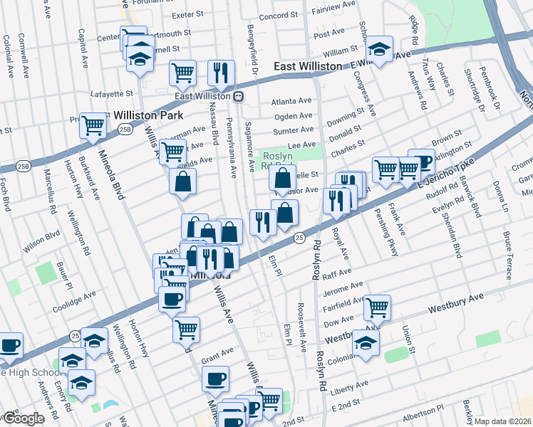 map of restaurants, bars, coffee shops, grocery stores, and more near 328 Sagamore Avenue in Mineola