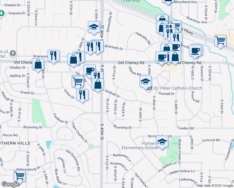 map of restaurants, bars, coffee shops, grocery stores, and more near 4200 Duxhall Drive in Lincoln