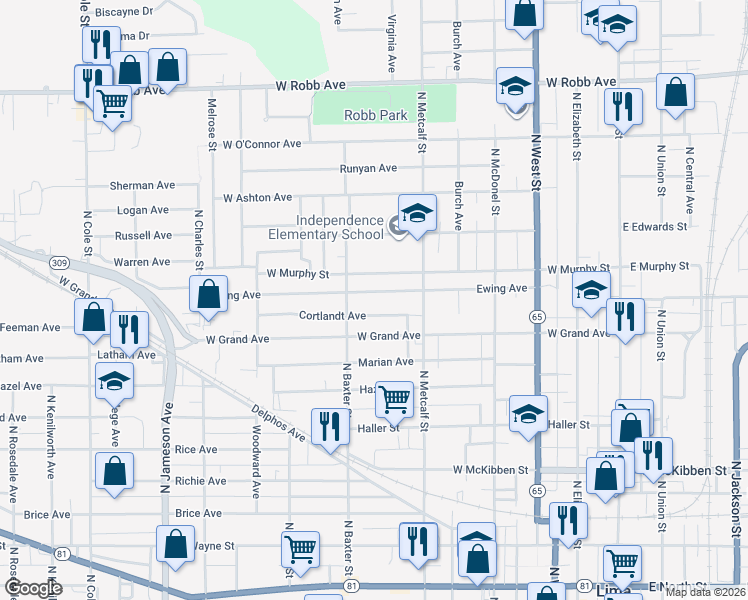 map of restaurants, bars, coffee shops, grocery stores, and more near 637 Ewing Ave in Lima