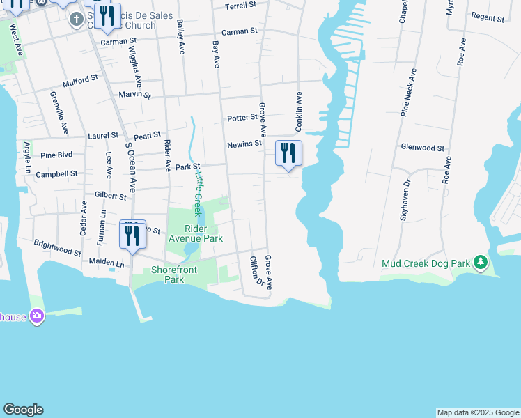 map of restaurants, bars, coffee shops, grocery stores, and more near 396 Grove Avenue in Patchogue