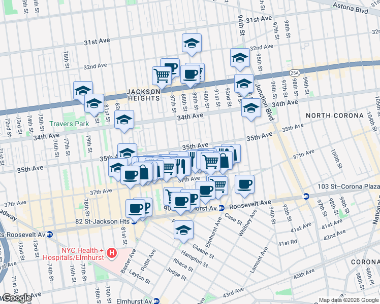 map of restaurants, bars, coffee shops, grocery stores, and more near 35-06 88th Street in Queens