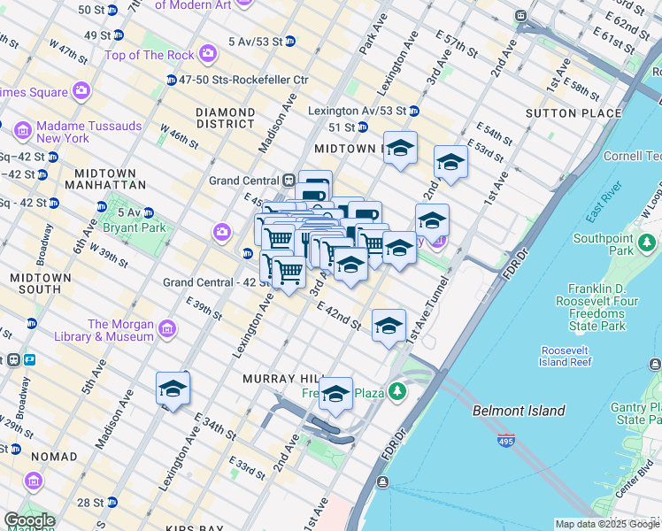 map of restaurants, bars, coffee shops, grocery stores, and more near 202 East 44th Street in New York