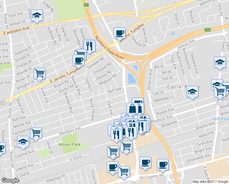 map of restaurants, bars, coffee shops, grocery stores, and more near 271 Raff Avenue in Carle Place