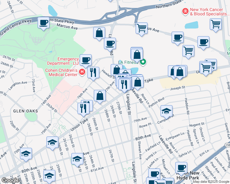 map of restaurants, bars, coffee shops, grocery stores, and more near 77-26 271st Street in Queens