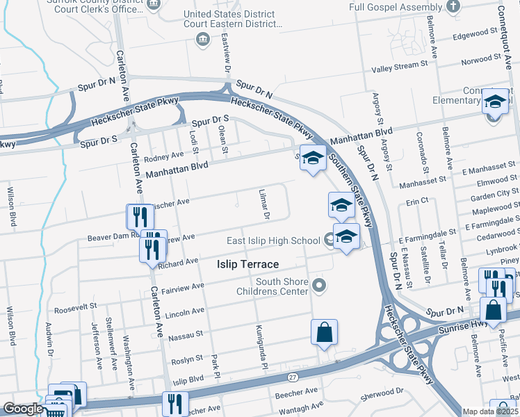 map of restaurants, bars, coffee shops, grocery stores, and more near 16 Lilmar Drive in Islip Terrace