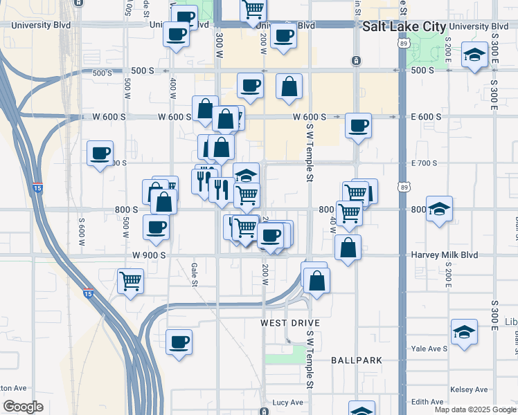 map of restaurants, bars, coffee shops, grocery stores, and more near 200 West 800 South in Salt Lake City
