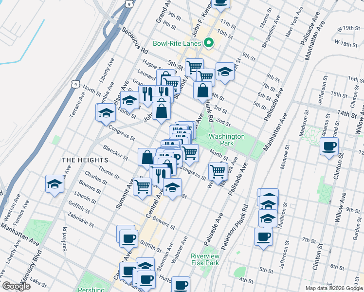 map of restaurants, bars, coffee shops, grocery stores, and more near 14 Graham Street in Jersey City