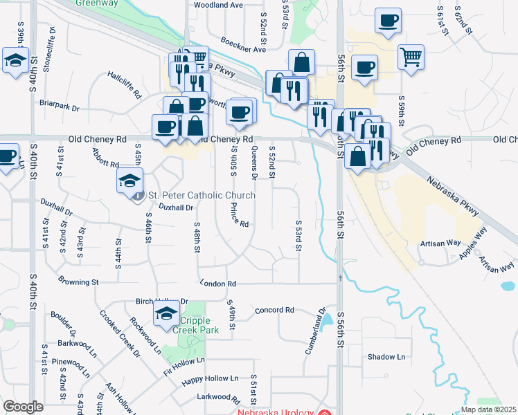 map of restaurants, bars, coffee shops, grocery stores, and more near 6010 Queens Drive in Lincoln