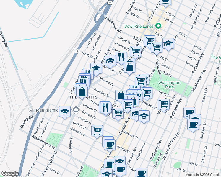map of restaurants, bars, coffee shops, grocery stores, and more near 78 Paterson Street in Jersey City