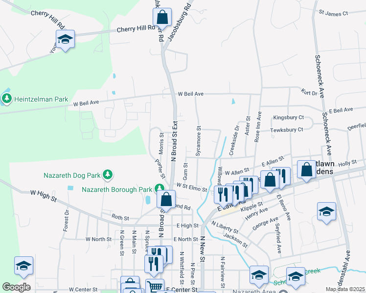 map of restaurants, bars, coffee shops, grocery stores, and more near 89 Gum Street in Nazareth