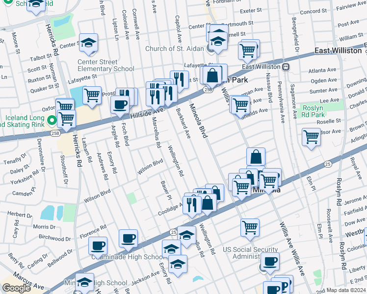 map of restaurants, bars, coffee shops, grocery stores, and more near 408 Horton Highway in Mineola