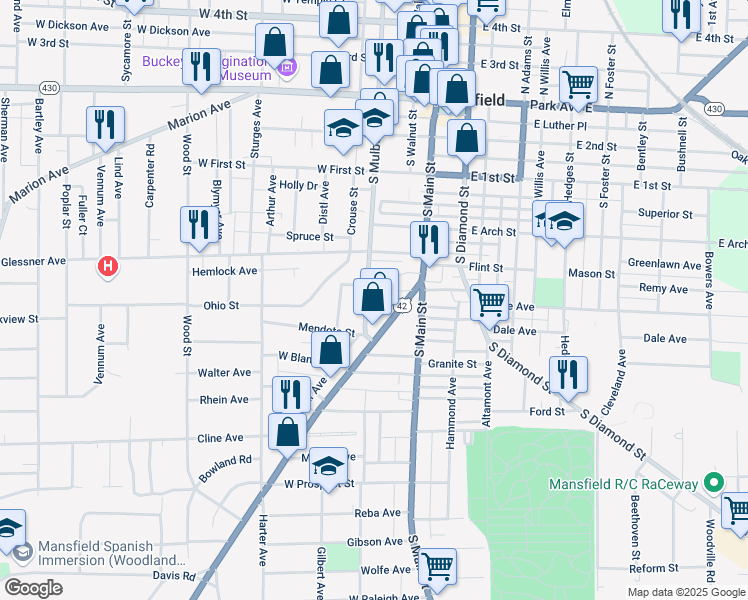 map of restaurants, bars, coffee shops, grocery stores, and more near 235 South Mulberry Street in Mansfield