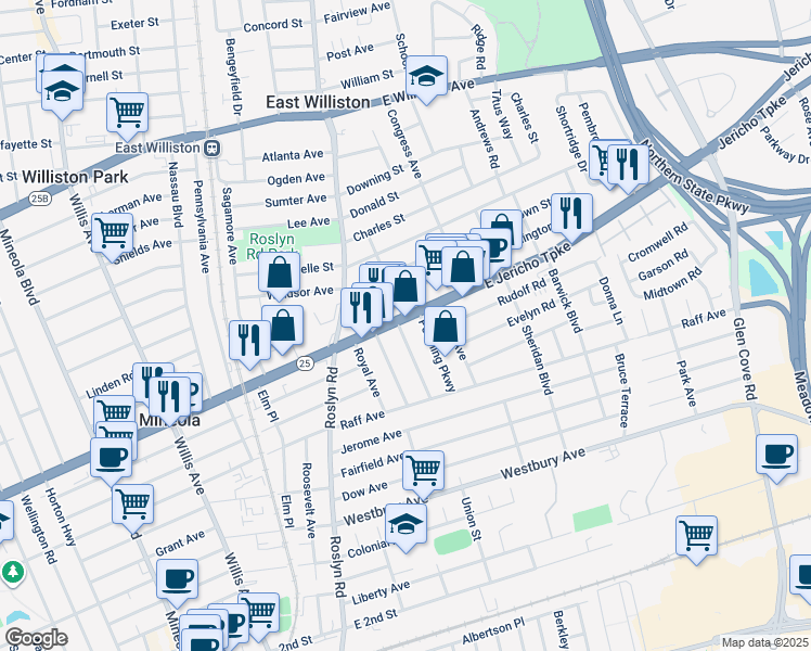 map of restaurants, bars, coffee shops, grocery stores, and more near 75 East Jericho Turnpike in Mineola