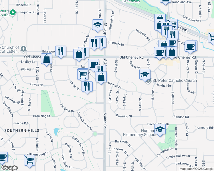 map of restaurants, bars, coffee shops, grocery stores, and more near 4001 Duxhall Drive in Lincoln