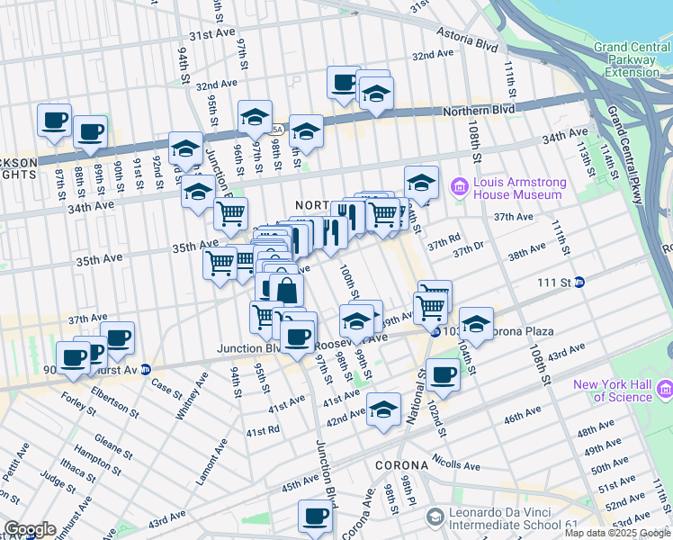 map of restaurants, bars, coffee shops, grocery stores, and more near 37-12 100th Street in Queens