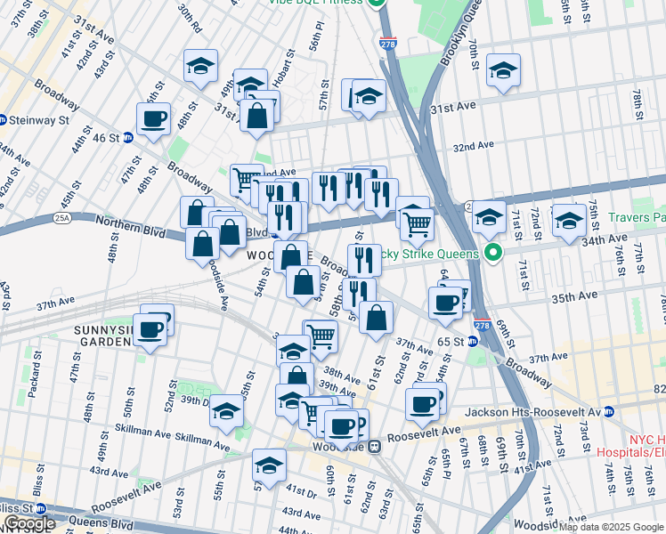 map of restaurants, bars, coffee shops, grocery stores, and more near 34-11 56th Street in Queens
