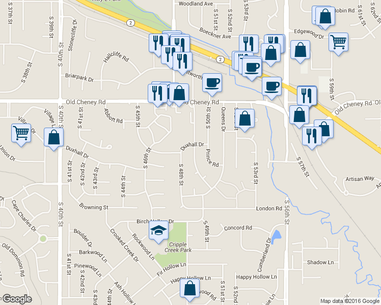 map of restaurants, bars, coffee shops, grocery stores, and more near 6011 Princess Margaret Dr in Lincoln