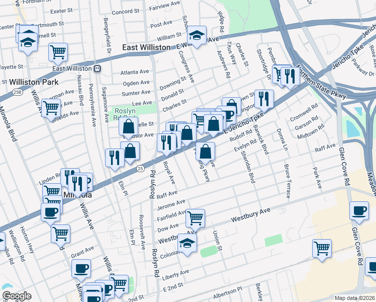 map of restaurants, bars, coffee shops, grocery stores, and more near 75 East Jericho Turnpike in Mineola