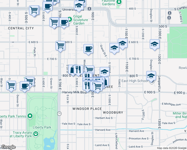 map of restaurants, bars, coffee shops, grocery stores, and more near 905 East 800 South in Salt Lake City