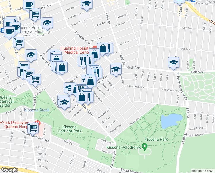 map of restaurants, bars, coffee shops, grocery stores, and more near 46-35 Smart Street in Queens