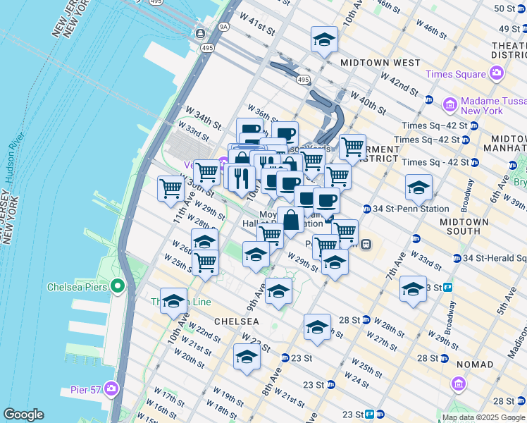 map of restaurants, bars, coffee shops, grocery stores, and more near 440 West 33rd Street in New York