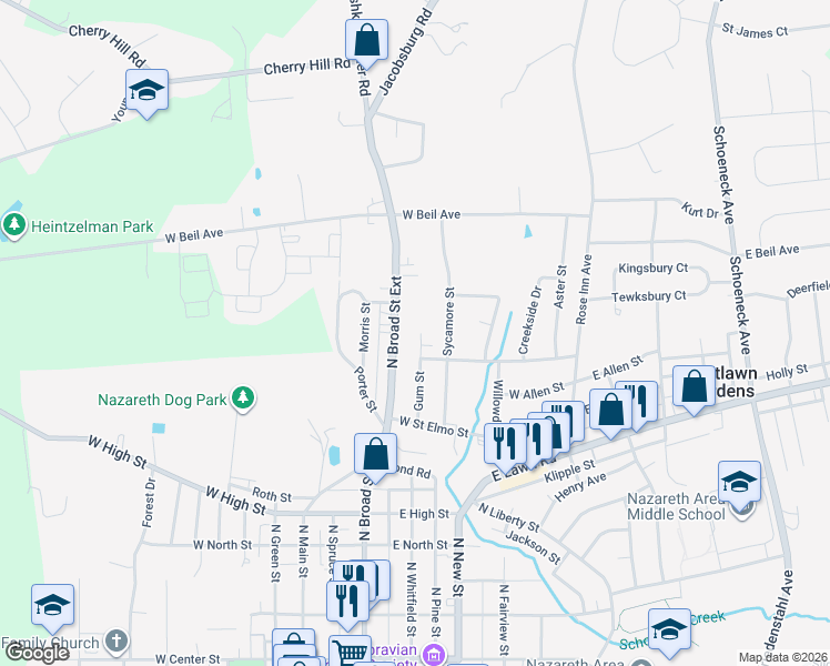map of restaurants, bars, coffee shops, grocery stores, and more near 89 Gum Street in Nazareth
