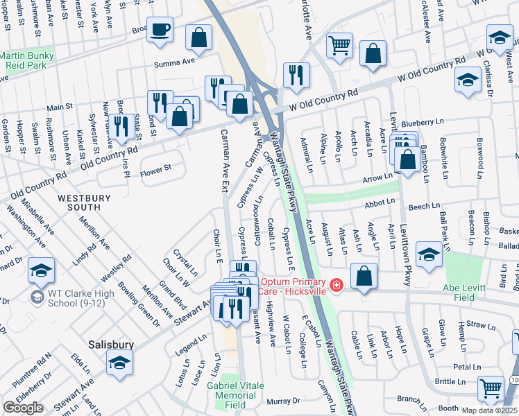 map of restaurants, bars, coffee shops, grocery stores, and more near 31 Cottonwood Lane in Westbury